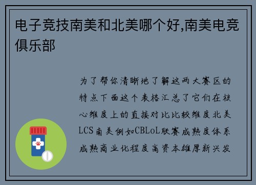 电子竞技南美和北美哪个好,南美电竞俱乐部